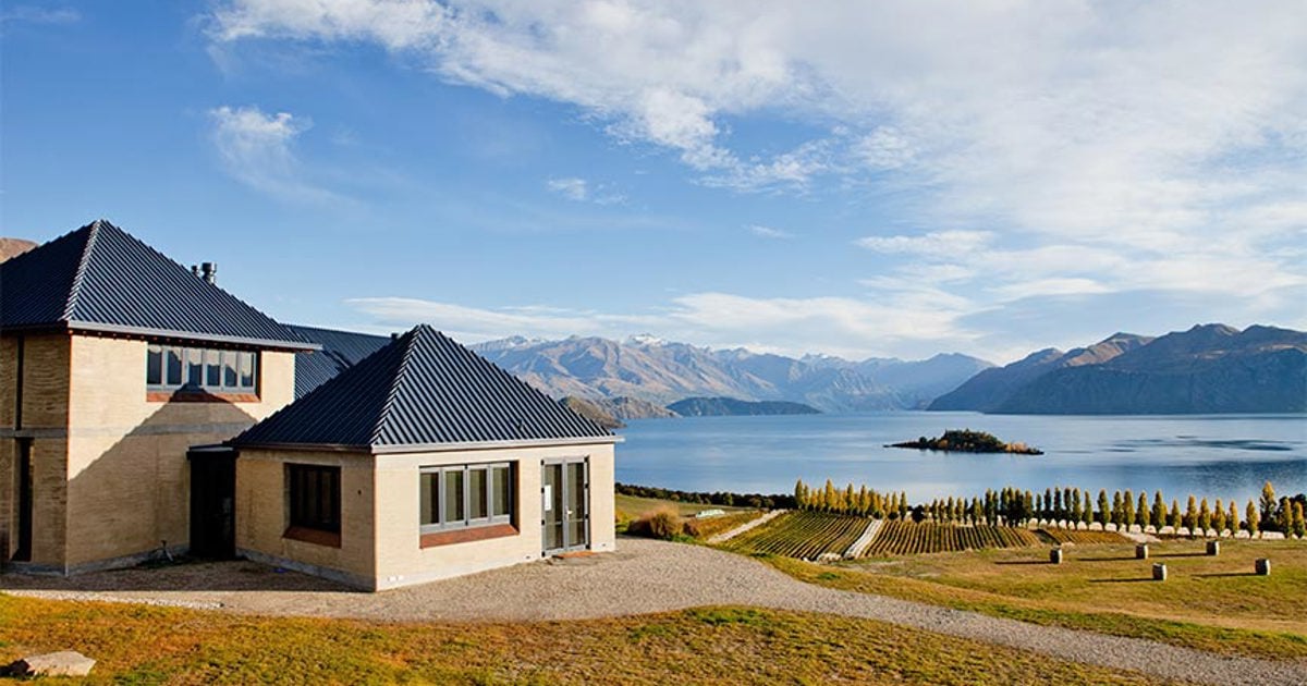 Rippon Vineyard building overlooking Lake Wanaka and the Southern Alps